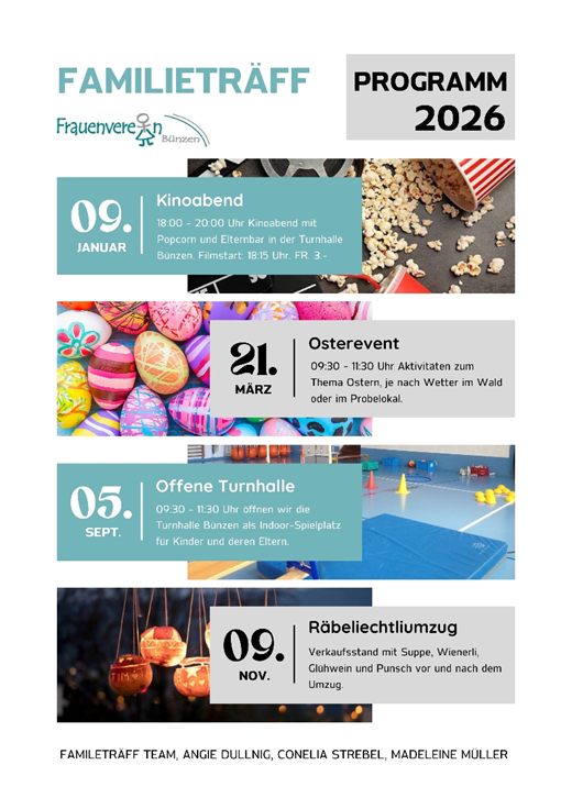 Flyer: Familieträff Programm 2026. 9. Januar Kinoabend, 21. März Osterevent, 5. September Offene Turnhalle, 9. November Räbeliechtliumzug mit Verkaufsstand.