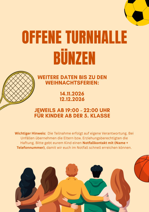 Flyer: Offene Turnhalle, Sa 14. Nov. und 12. Dez., 19 bis 22 Uhr